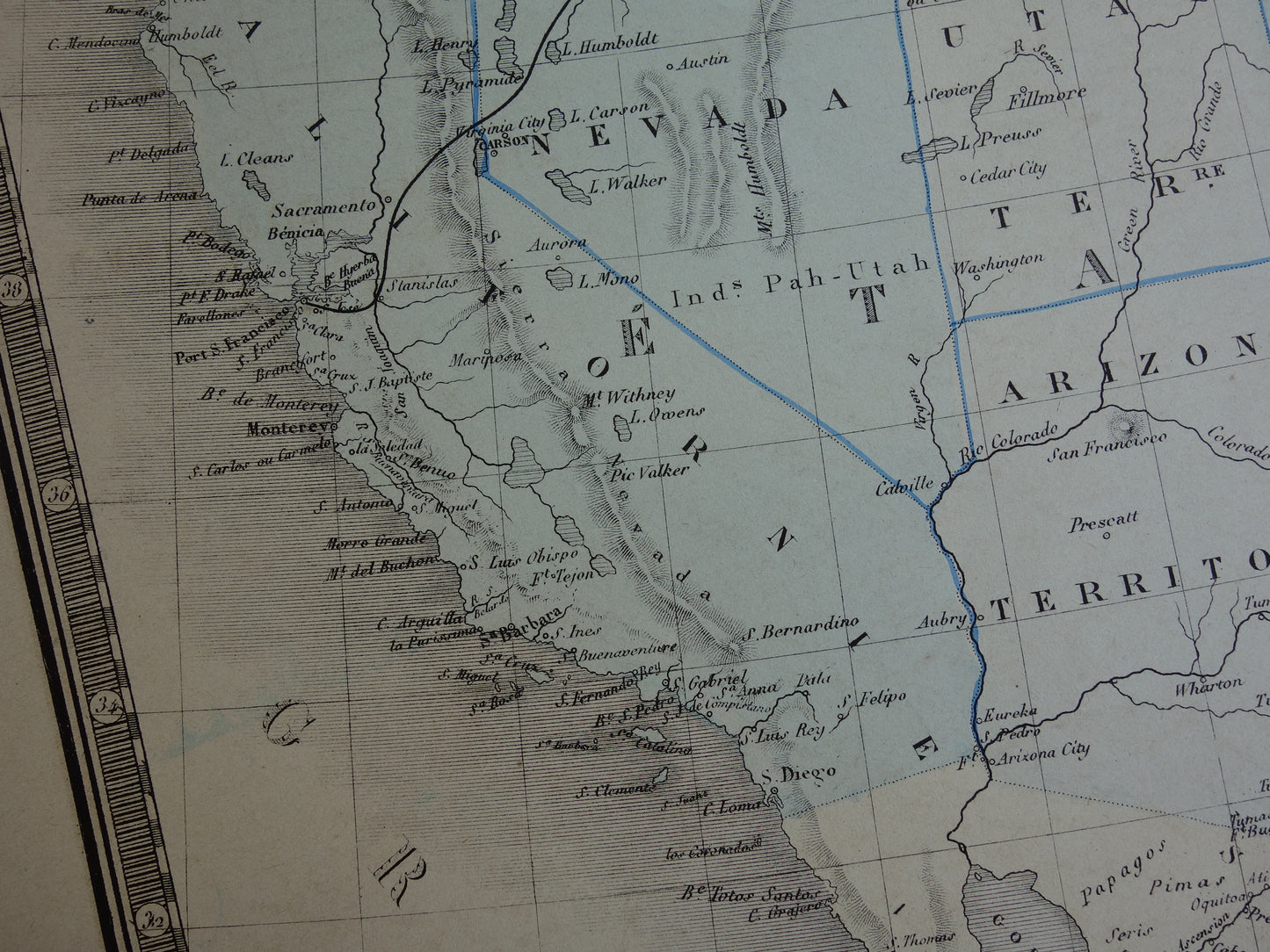 Mexico en Verenigde Staten oude kaart uit 1876 originele antieke landkaart westkust VS Californië USA vintage historische kaarten