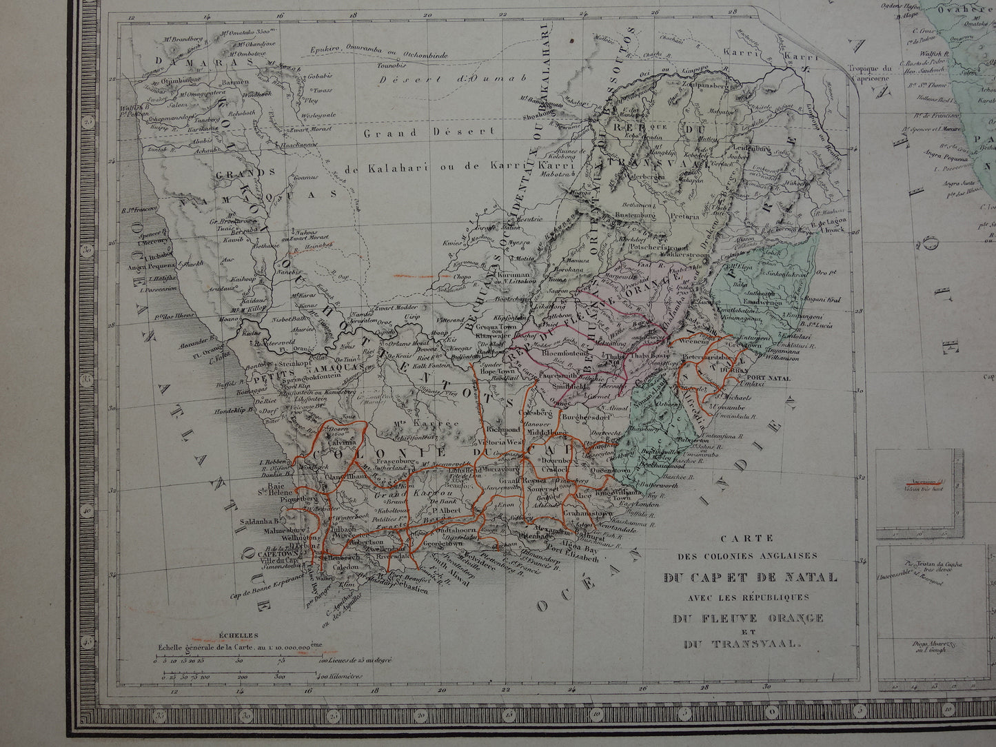 Zuid-Afrika oude landkaart van Natal Transvaal Madagascar uit 1876 originele antieke kaart Oranje Vrijstaat Livingstone ontdekkingsreizigers vintage poster