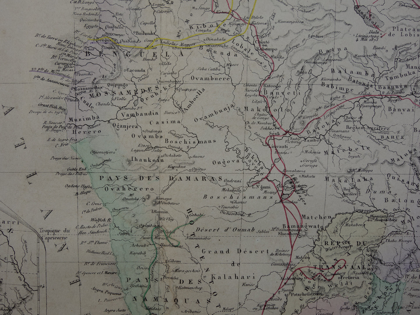 Zuid-Afrika oude landkaart van Natal Transvaal Madagascar uit 1876 originele antieke kaart Oranje Vrijstaat Livingstone ontdekkingsreizigers vintage poster