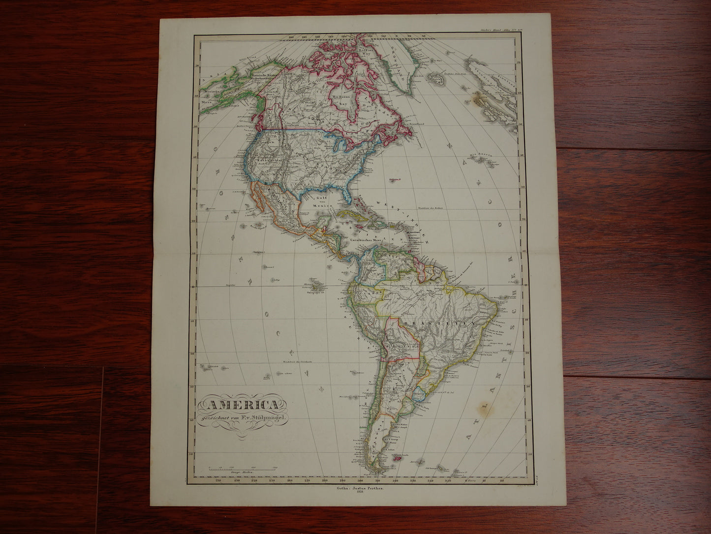 Grote oude kaart van Noord- en Zuid-Amerika in 1859 originele antieke Duitse landkaart VS Patagonië Canada vintage poster continent