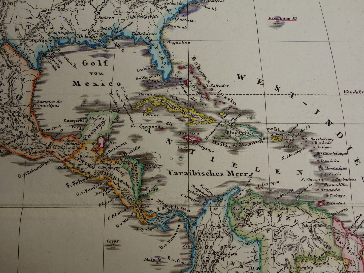 Grote oude kaart van Noord- en Zuid-Amerika in 1859 originele antieke Duitse landkaart VS Patagonië Canada vintage poster continent