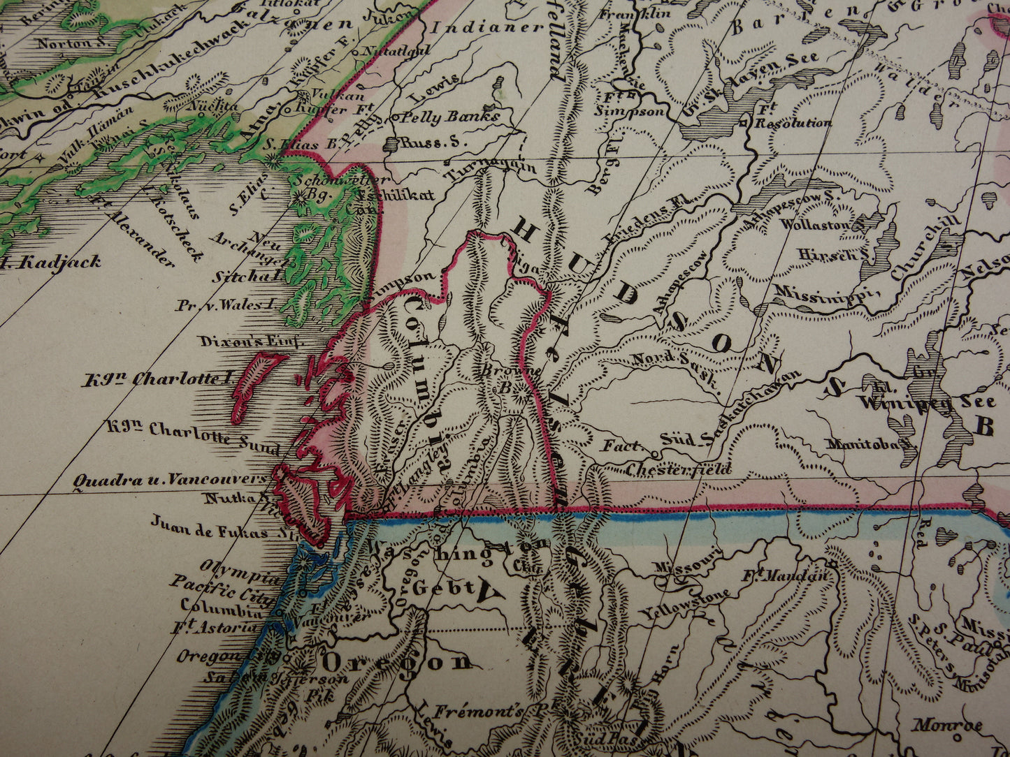 Grote oude kaart van Noord- en Zuid-Amerika in 1859 originele antieke Duitse landkaart VS Patagonië Canada vintage poster continent