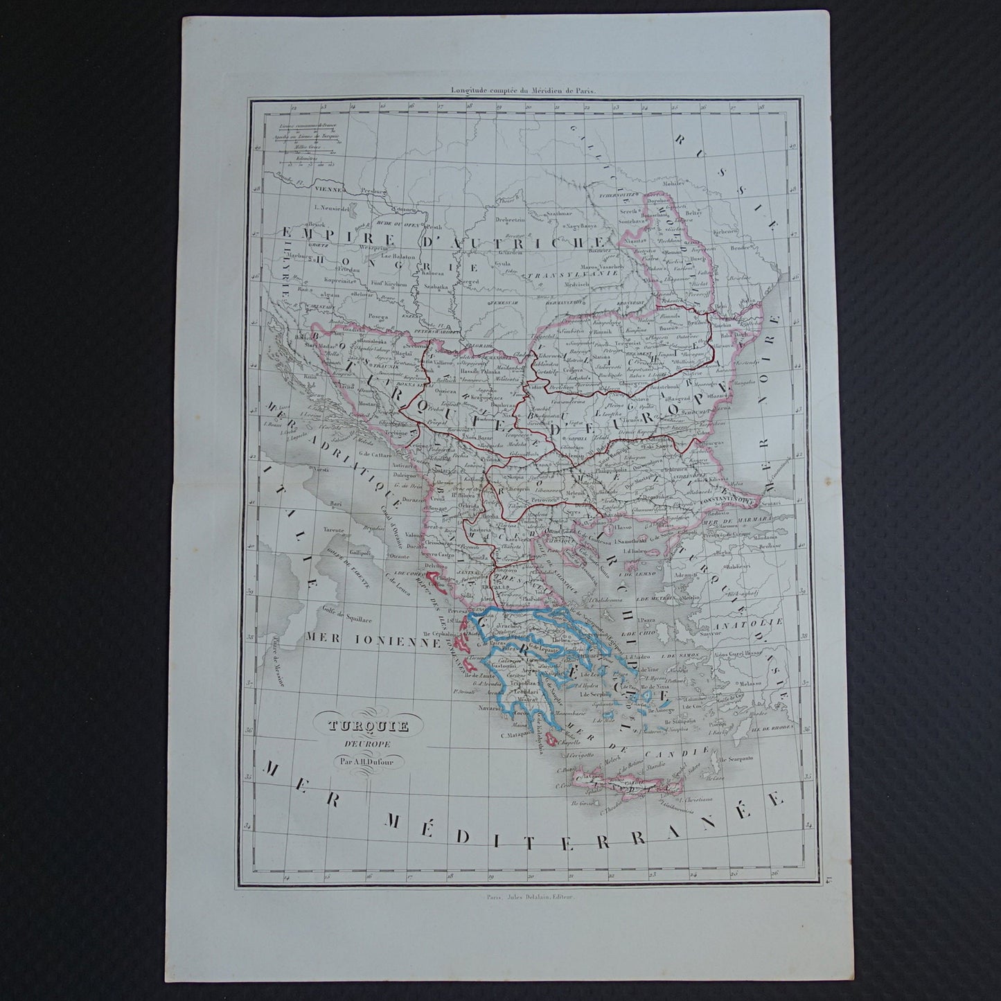 Oude kaart van Europees Turkije en Griekenland uit 1849 originele 170+ jaar oude Franse landkaart Servië Bulgarije Roemenië Balkan Ottomaanse Rijk