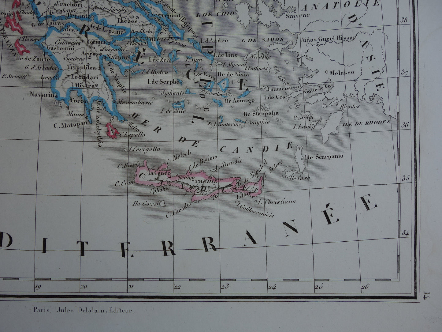 Oude kaart van Europees Turkije en Griekenland uit 1849 originele 170+ jaar oude Franse landkaart Servië Bulgarije Roemenië Balkan Ottomaanse Rijk