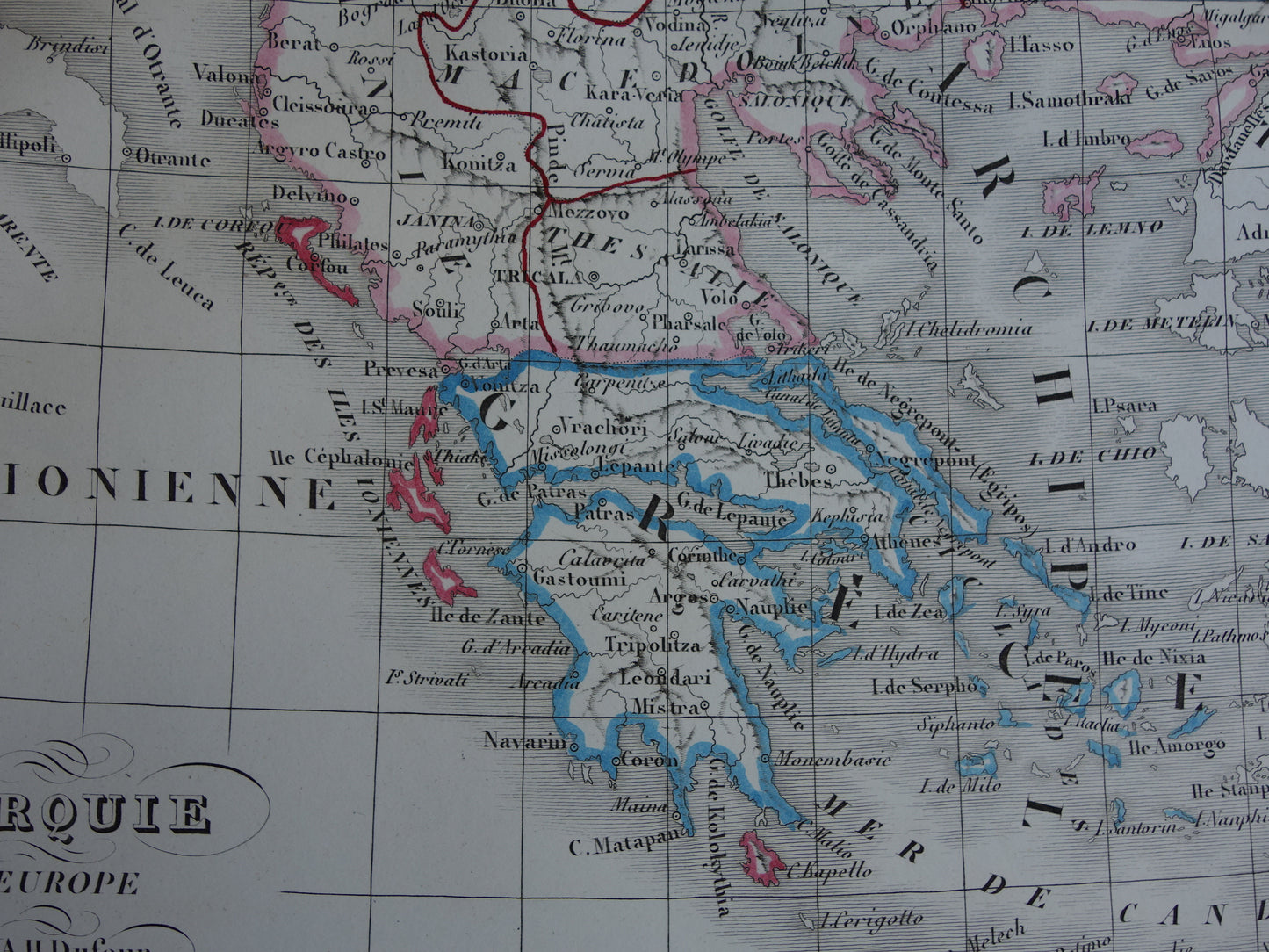 Oude kaart van Europees Turkije en Griekenland uit 1849 originele 170+ jaar oude Franse landkaart Servië Bulgarije Roemenië Balkan Ottomaanse Rijk