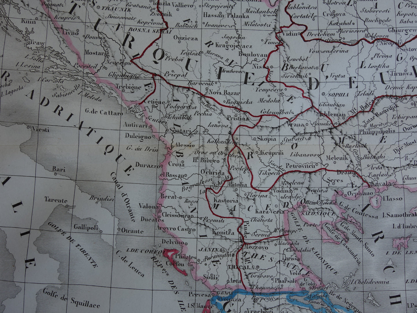 Oude kaart van Europees Turkije en Griekenland uit 1849 originele 170+ jaar oude Franse landkaart Servië Bulgarije Roemenië Balkan Ottomaanse Rijk