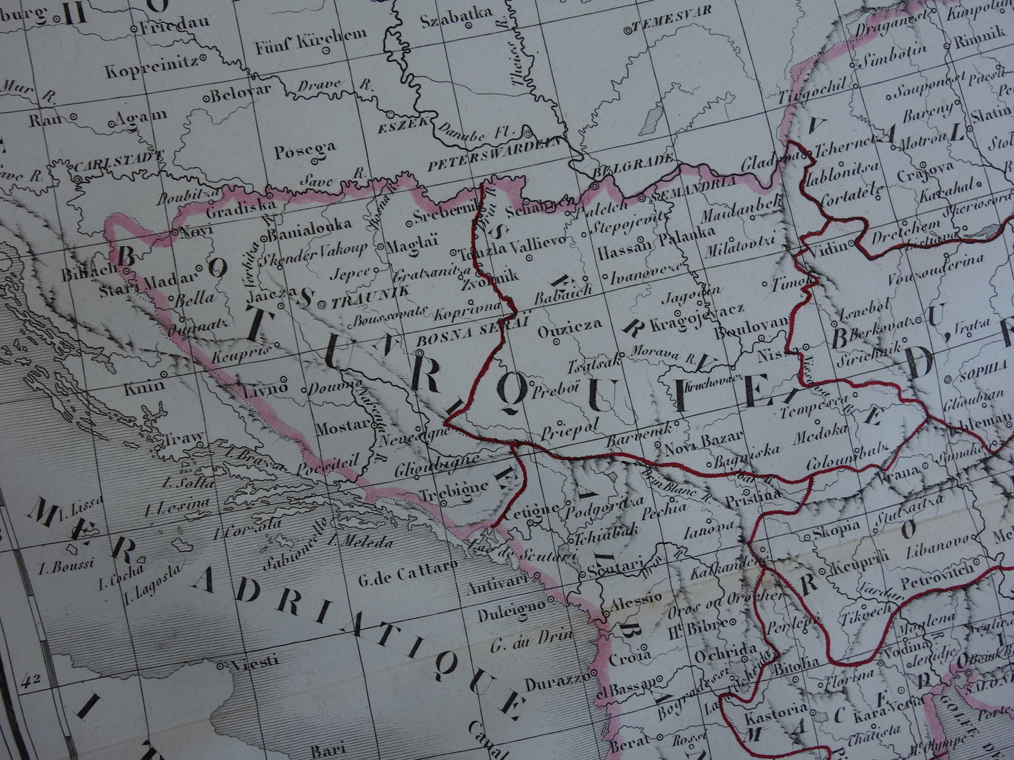 Oude kaart van Europees Turkije en Griekenland uit 1849 originele 170+ jaar oude Franse landkaart Servië Bulgarije Roemenië Balkan Ottomaanse Rijk