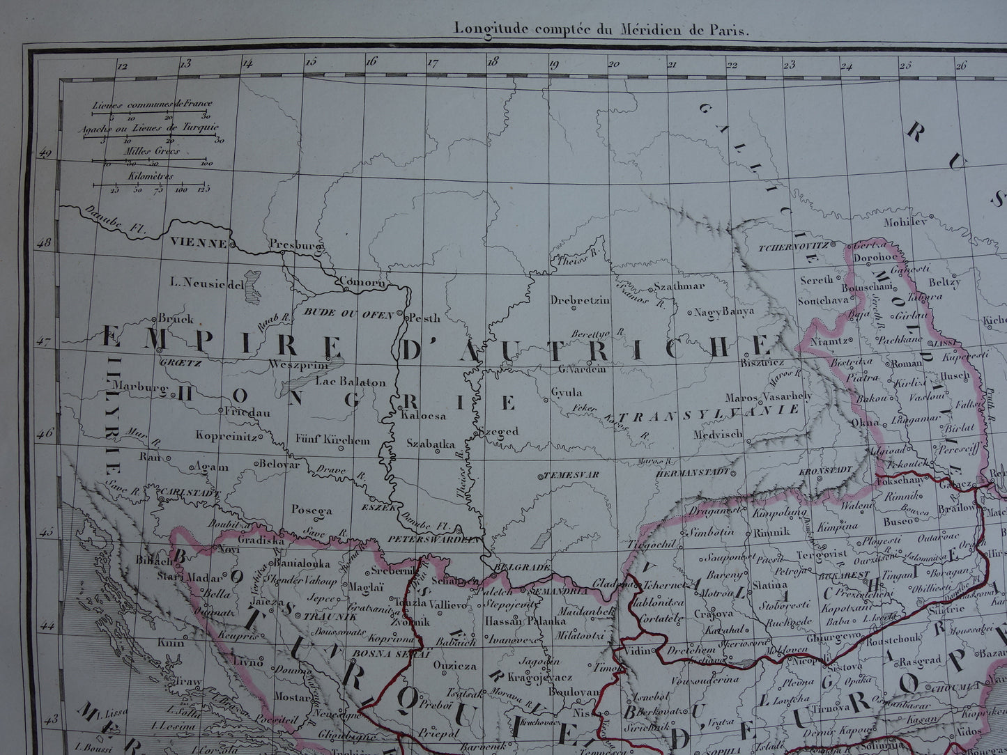 Oude kaart van Europees Turkije en Griekenland uit 1849 originele 170+ jaar oude Franse landkaart Servië Bulgarije Roemenië Balkan Ottomaanse Rijk