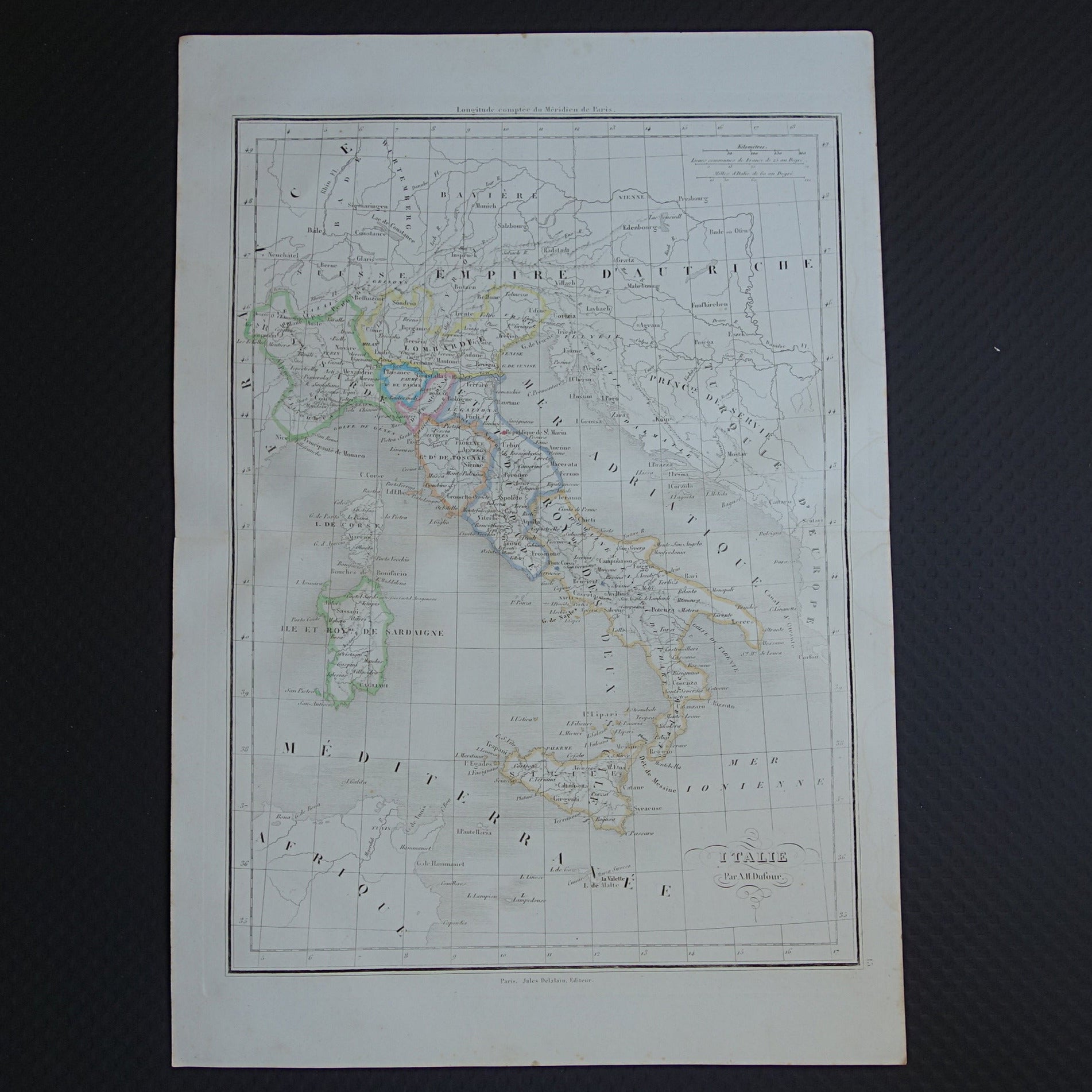 ITALIË Oude kaart van Italië uit 1849 originele 170+ jaar oude handgekleurde Franse landkaart