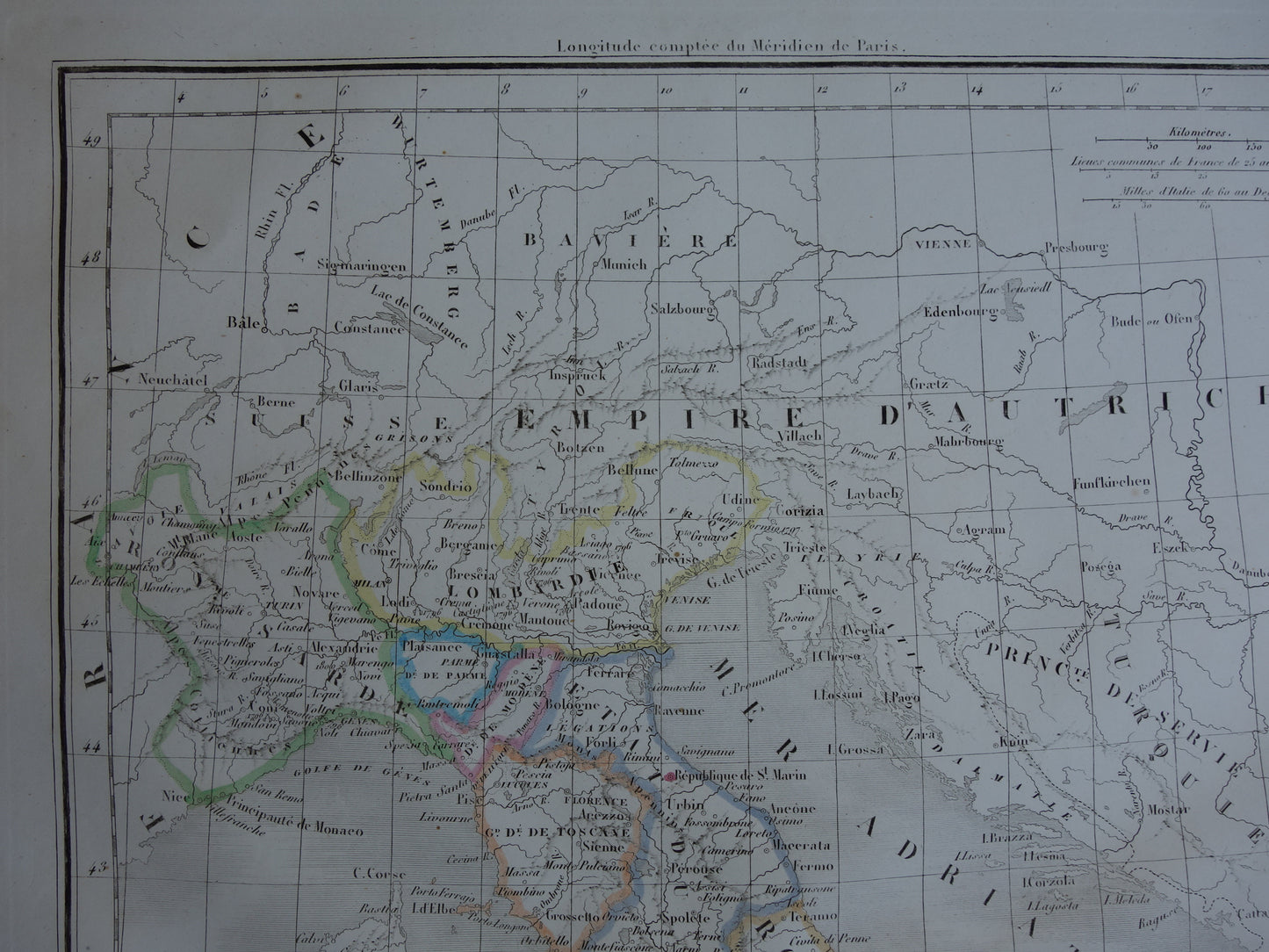 ITALIË Oude kaart van Italië uit 1849 originele 170+ jaar oude handgekleurde Franse landkaart