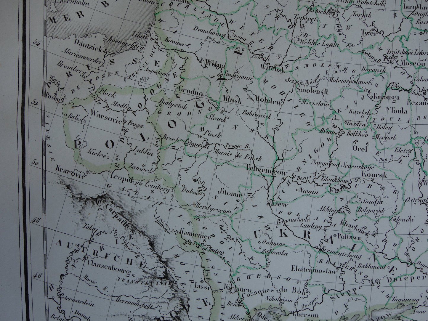 RUSLAND Oude kaart van Europees Rusland uit 1849 originele 170+ jaar oude handgekleurde Franse landkaart Russische Rijk in Europa