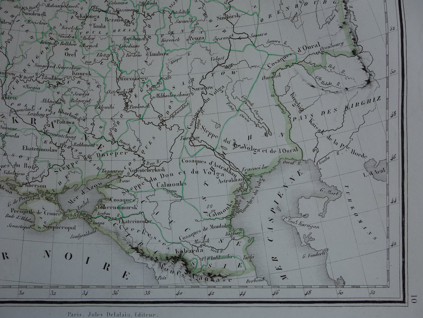 RUSLAND Oude kaart van Europees Rusland uit 1849 originele 170+ jaar oude handgekleurde Franse landkaart Russische Rijk in Europa