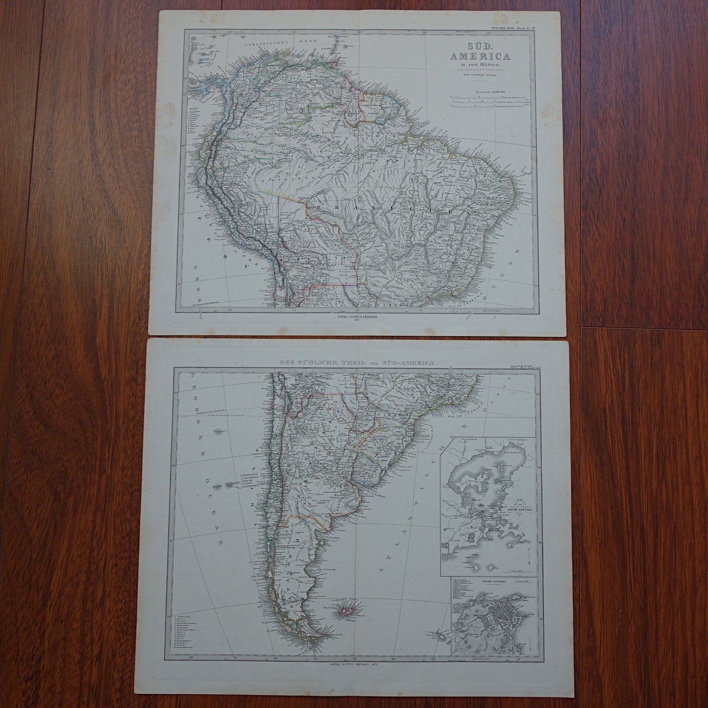 ZUID-AMERIKA Vintage kaart van Zuid-Amerikaans continent in 1875 oude antieke Duitse handgekleurde landkaart poster Brazilië Patagonië Chili met jaartal