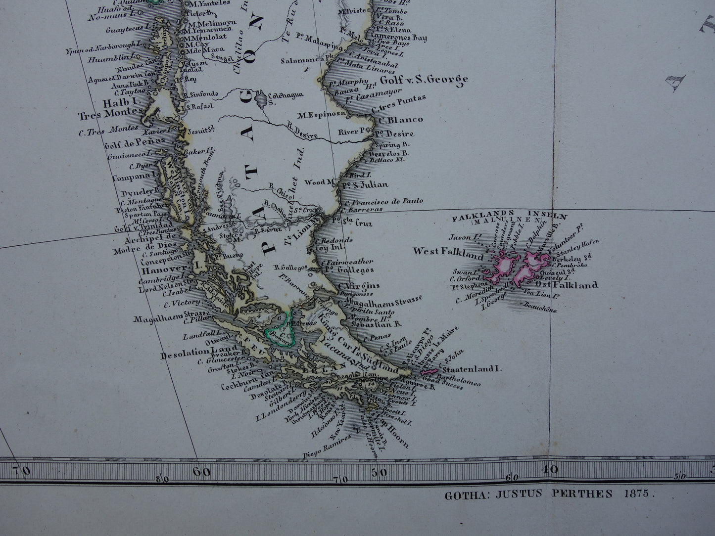 ZUID-AMERIKA Vintage kaart van Zuid-Amerikaans continent in 1875 oude antieke Duitse handgekleurde landkaart poster Brazilië Patagonië Chili met jaartal