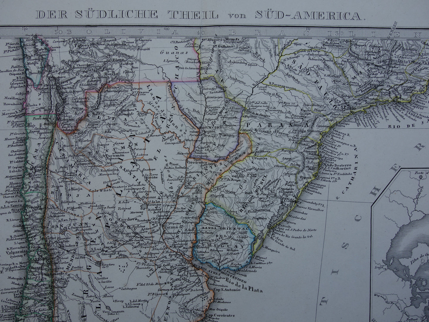 ZUID-AMERIKA Vintage kaart van Zuid-Amerikaans continent in 1875 oude antieke Duitse handgekleurde landkaart poster Brazilië Patagonië Chili met jaartal