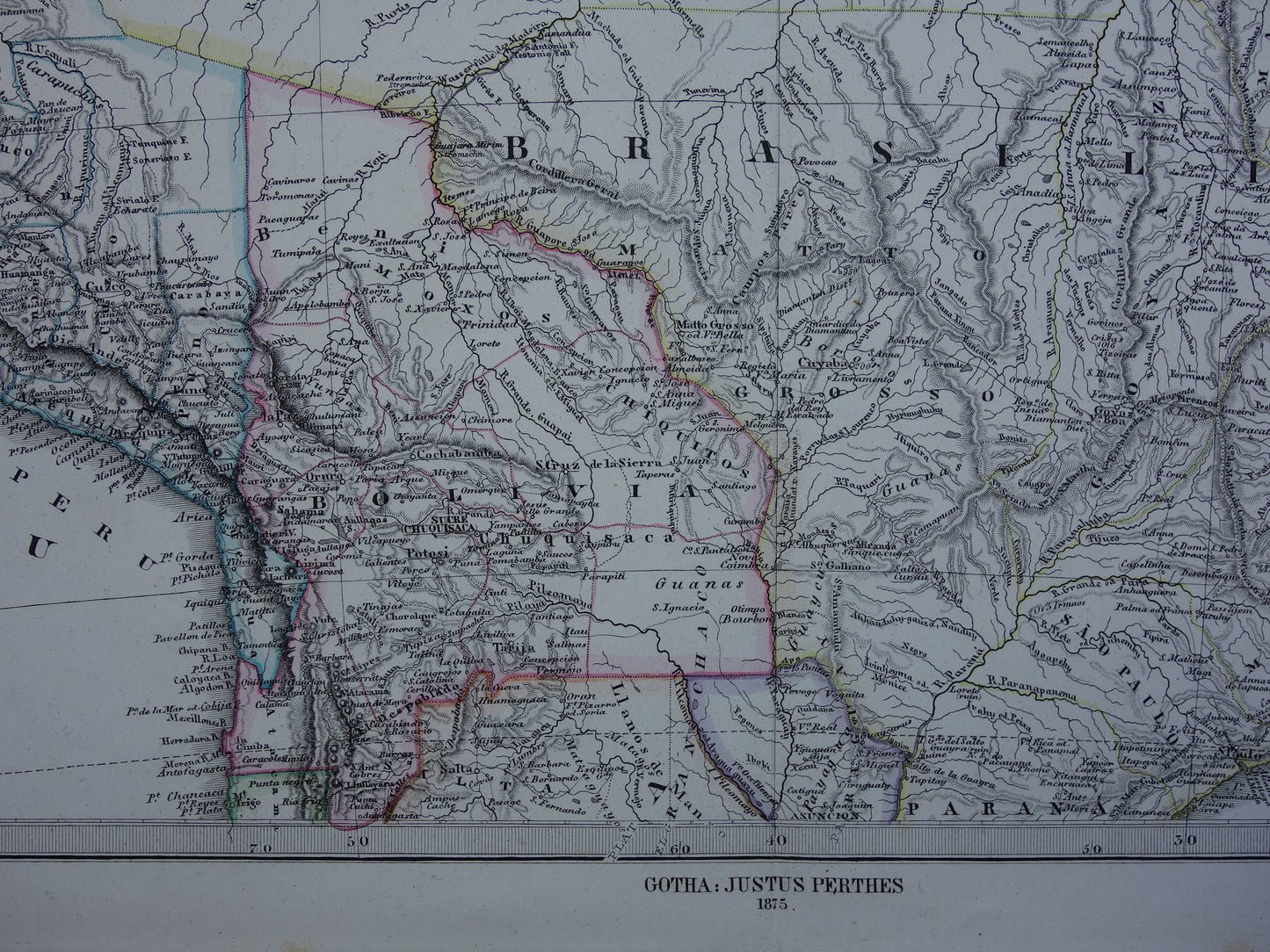 ZUID-AMERIKA Vintage kaart van Zuid-Amerikaans continent in 1875 oude antieke Duitse handgekleurde landkaart poster Brazilië Patagonië Chili met jaartal