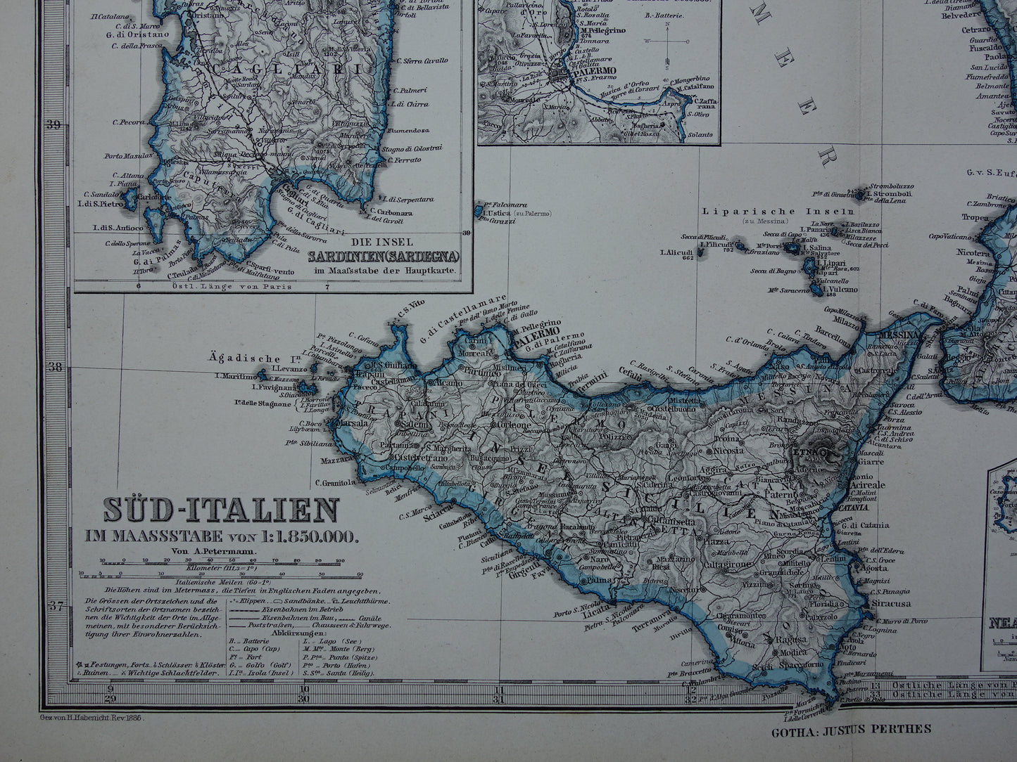 135+ jaar oude kaart van Italië - Handgekleurde origineel antieke landkaart met jaartal