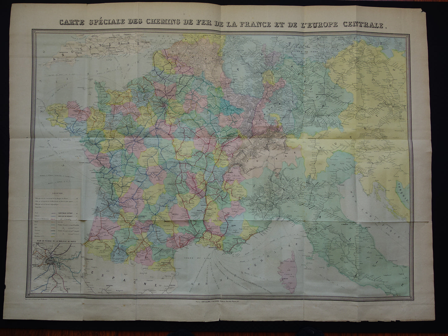 Grote oude kaart van Spoorwegen in Europa BESCHADIGD 1875 originele antieke oude landkaart spoorlijnen centraal Europa spoorkaart