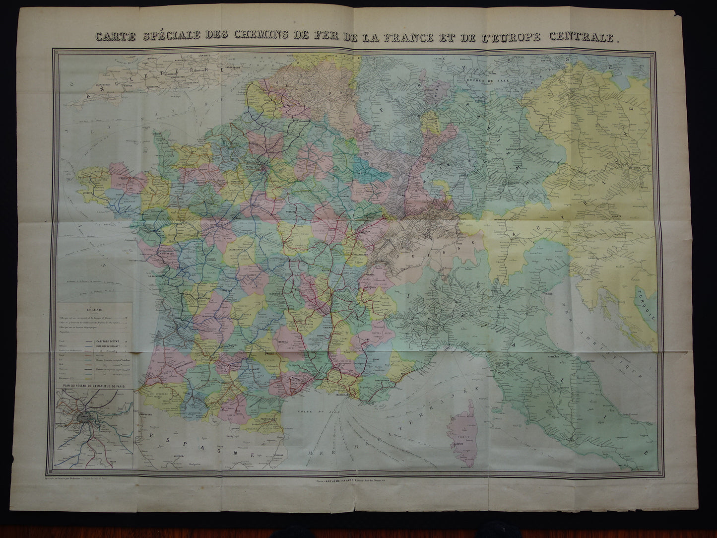 Grote oude kaart van Spoorwegen in Europa BESCHADIGD 1875 originele antieke oude landkaart spoorlijnen centraal Europa spoorkaart