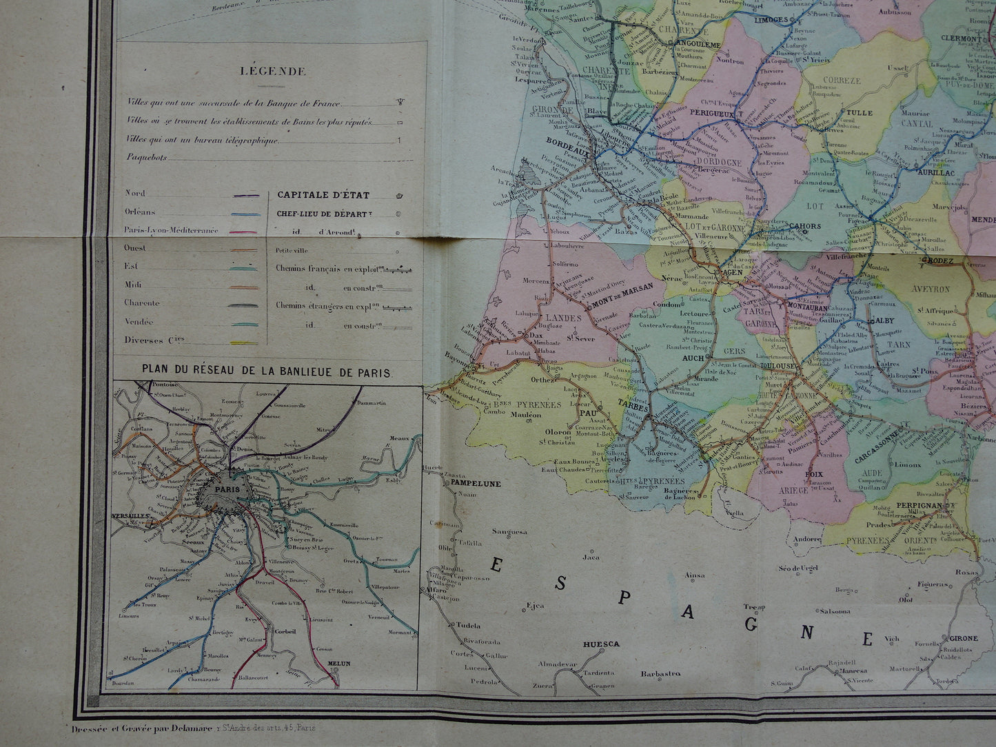 Grote oude kaart van Spoorwegen in Europa BESCHADIGD 1875 originele antieke oude landkaart spoorlijnen centraal Europa spoorkaart