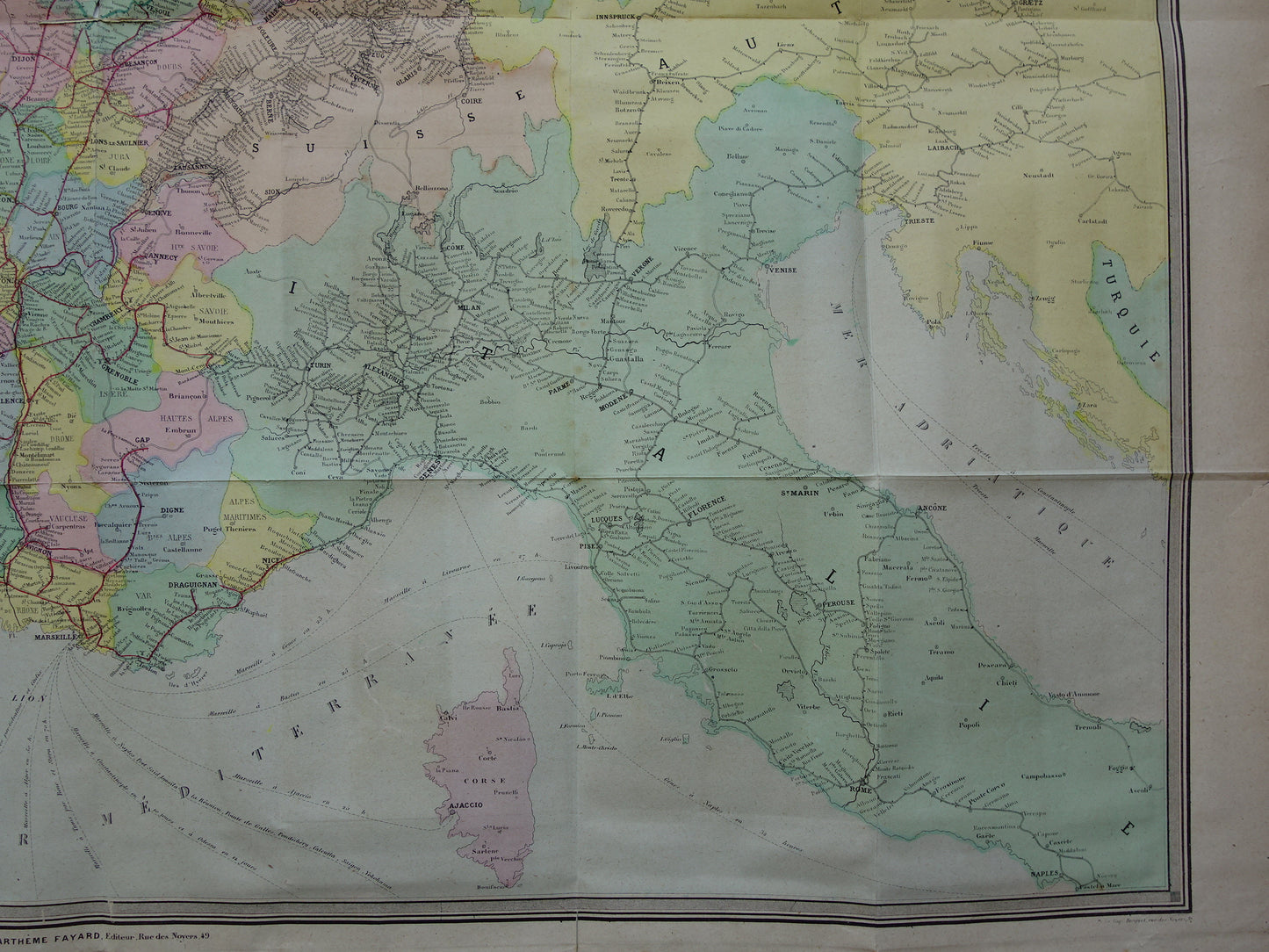 Grote oude kaart van Spoorwegen in Europa BESCHADIGD 1875 originele antieke oude landkaart spoorlijnen centraal Europa spoorkaart
