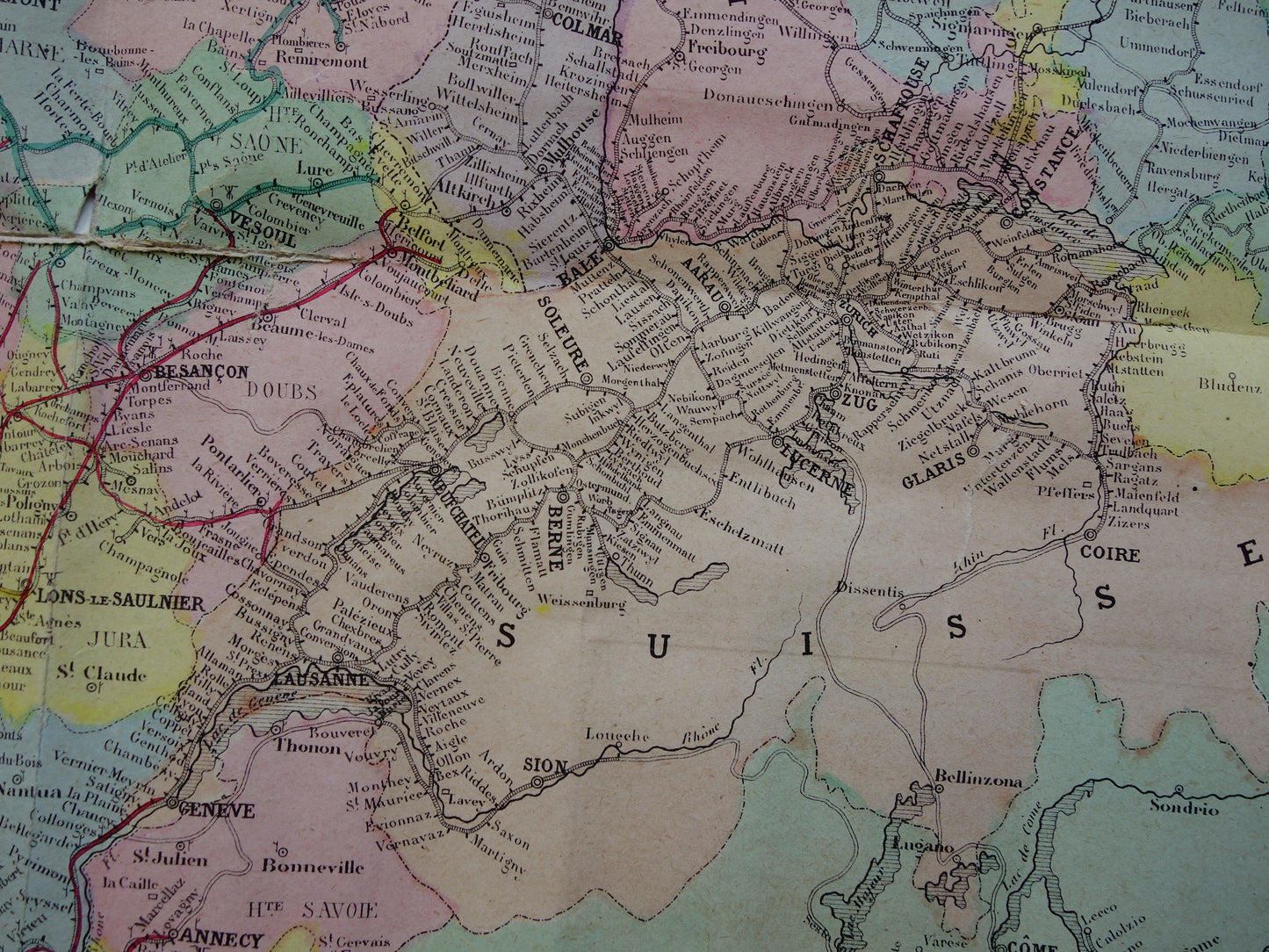 Grote oude kaart van Spoorwegen in Europa BESCHADIGD 1875 originele antieke oude landkaart spoorlijnen centraal Europa spoorkaart