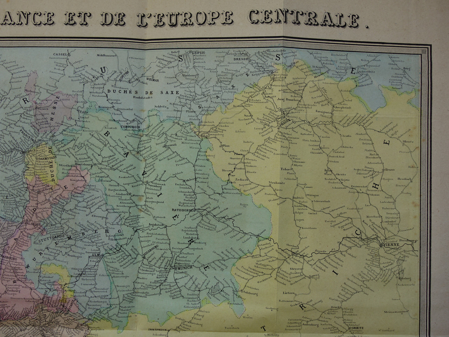 Grote oude kaart van Spoorwegen in Europa BESCHADIGD 1875 originele antieke oude landkaart spoorlijnen centraal Europa spoorkaart