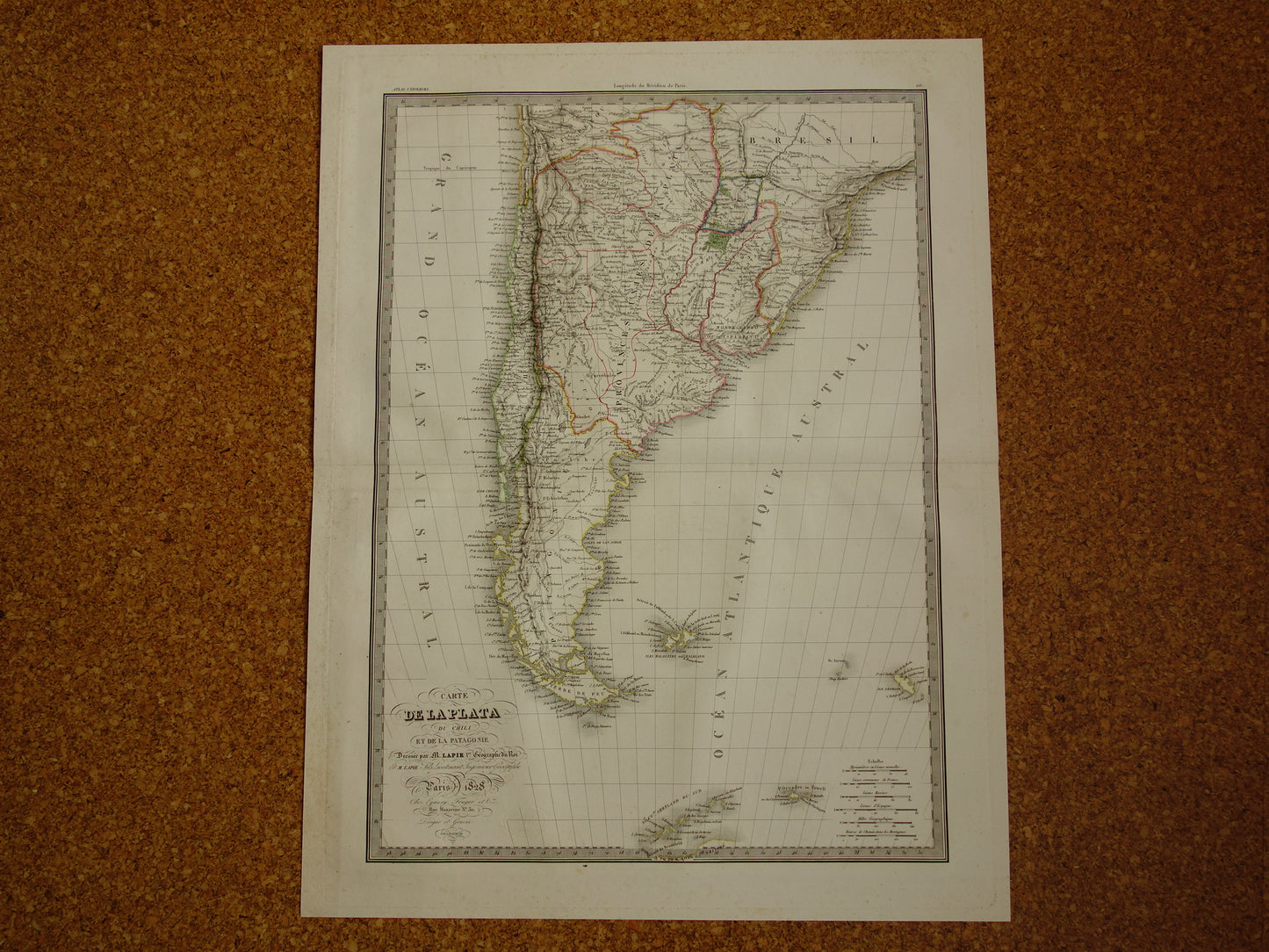 ZUID-AMERIKA oude landkaart van Argentinië Chili Patagonië grote antieke Franse kaart poster uit 1828 Paraguay Uruguay met jaartal