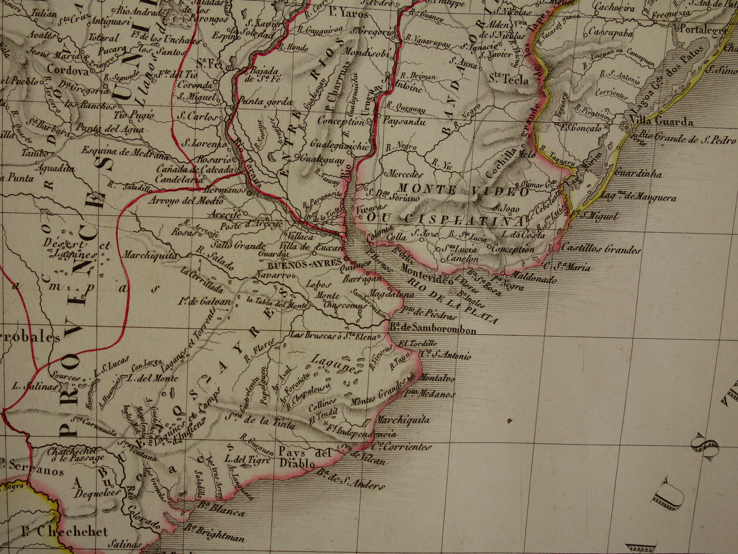 ZUID-AMERIKA oude landkaart van Argentinië Chili Patagonië grote antieke Franse kaart poster uit 1828 Paraguay Uruguay met jaartal