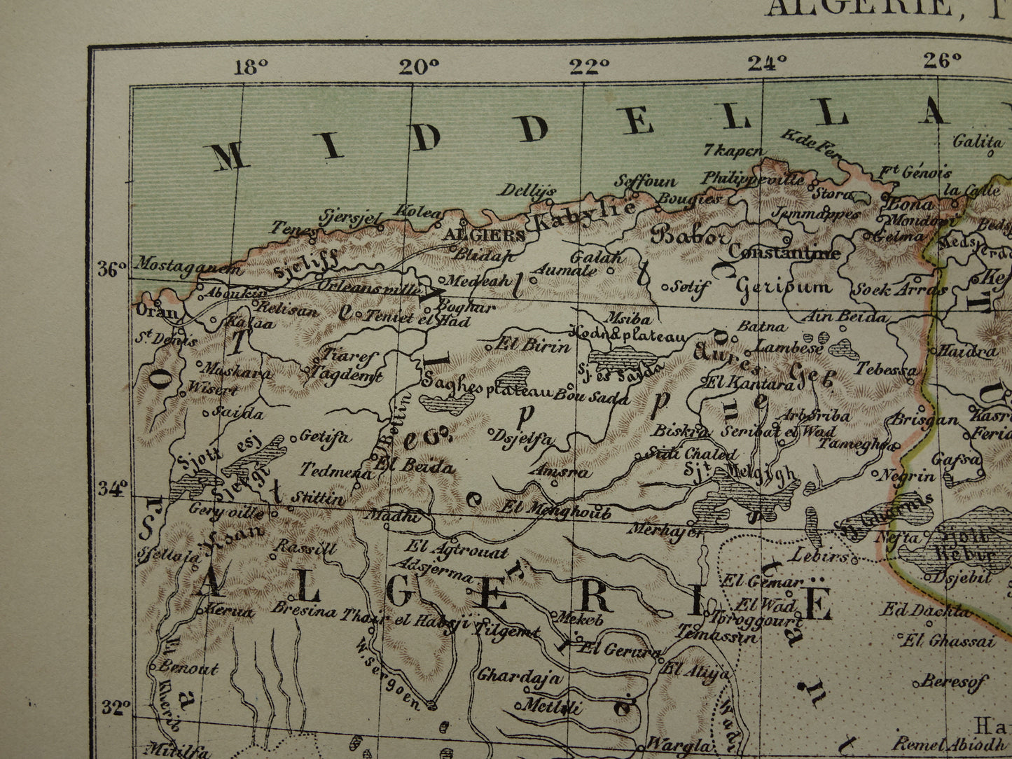 Algerije Tunesië en Libië oude landkaart originele antieke Kuyper kaart uit 1882 vintage
