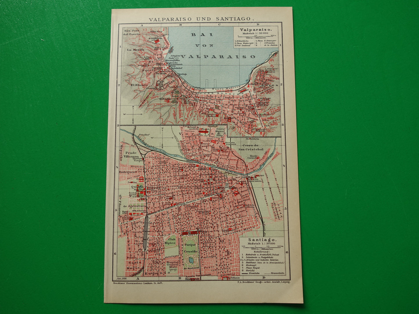 Valparaiso en Santiago Brazilië oude kaart plattegrond 1908 originele antieke kaarten