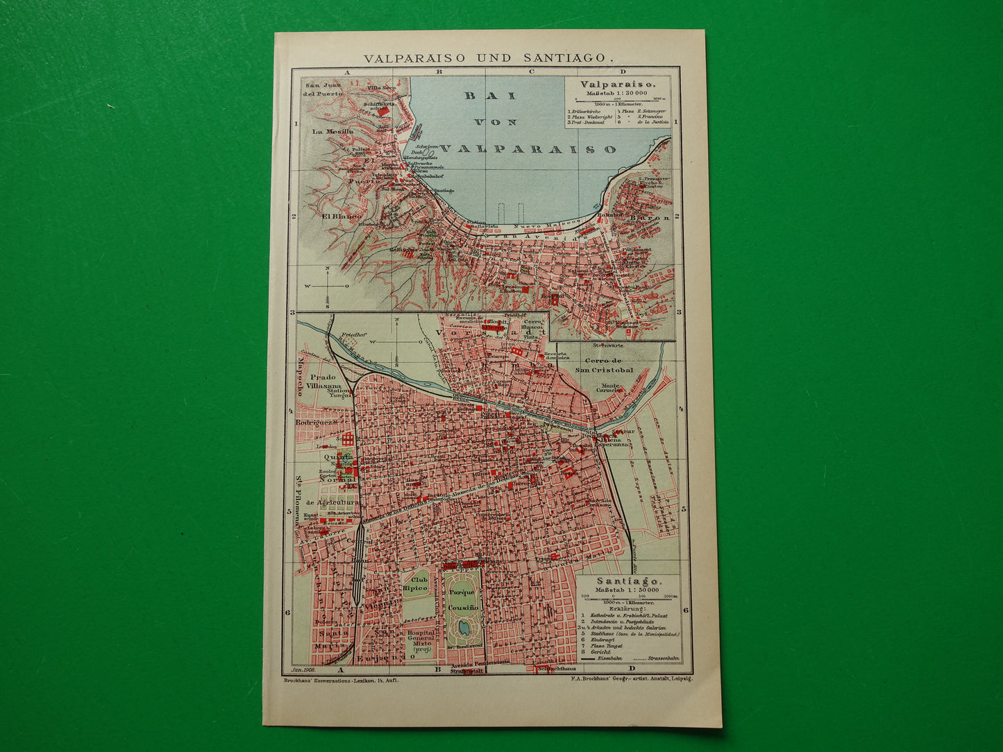 Valparaiso en Santiago Brazilië oude kaart plattegrond uit het jaar 1908 originele antieke kaarten