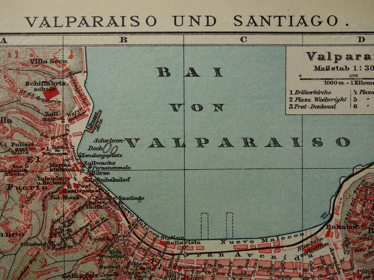 Alte Karte von Valparaíso und Santiago, Brasilien, aus dem Jahr 1908, originale antike Karten
