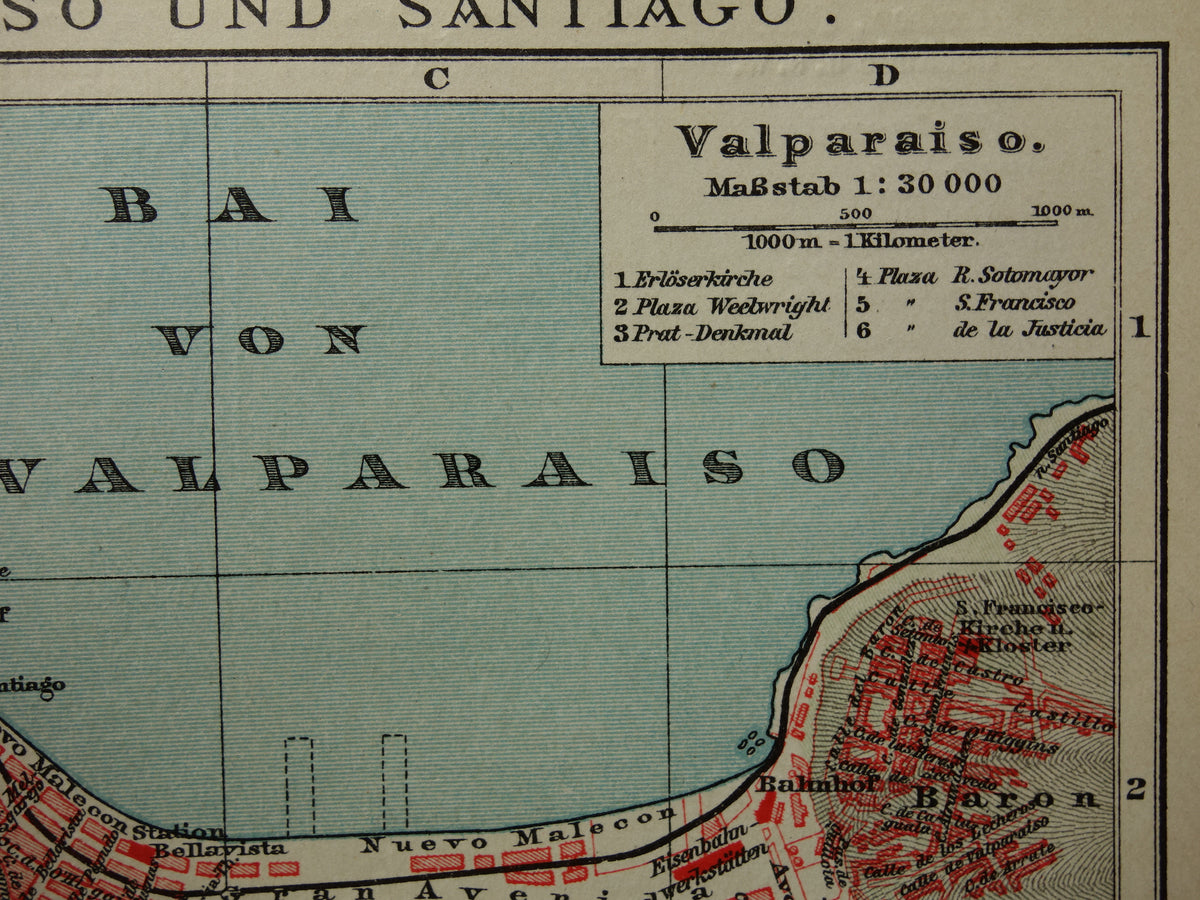 Alte Karte von Valparaíso und Santiago, Brasilien, aus dem Jahr 1908, originale antike Karten