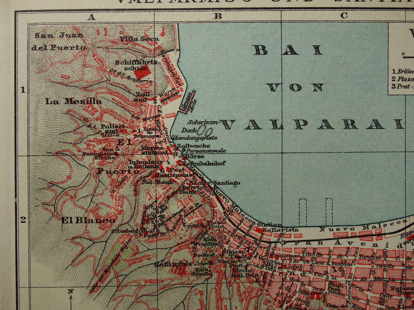 Valparaiso en Santiago Brazilië oude kaart plattegrond uit het jaar 1908 originele antieke kaarten