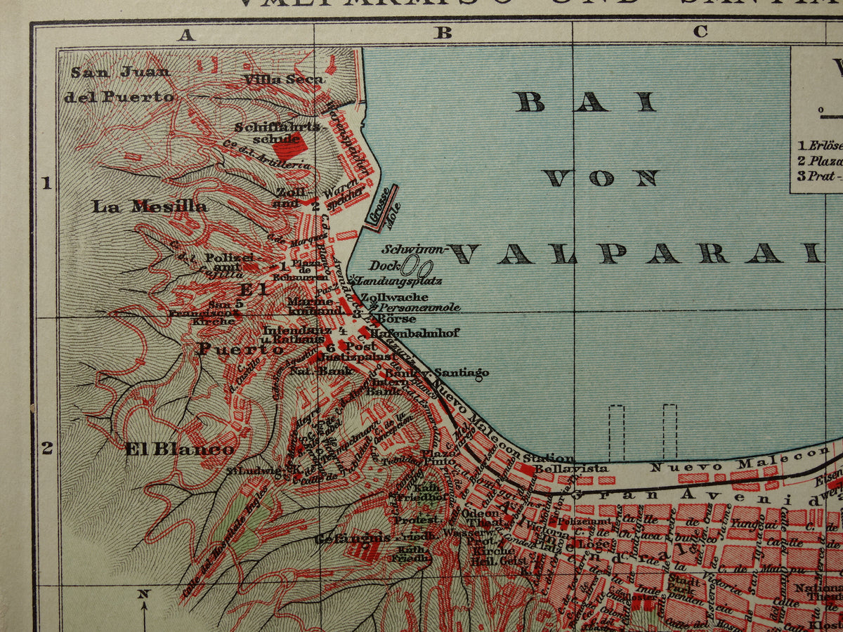 Alte Karte von Valparaíso und Santiago, Brasilien, aus dem Jahr 1908, originale antike Karten