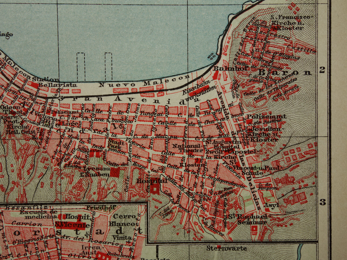 Alte Karte von Valparaíso und Santiago, Brasilien, aus dem Jahr 1908, originale antike Karten