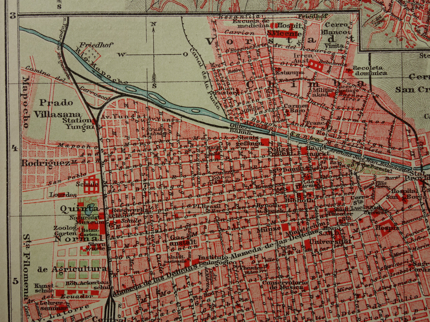 Valparaiso en Santiago Brazilië oude kaart plattegrond uit het jaar 1908 originele antieke kaarten