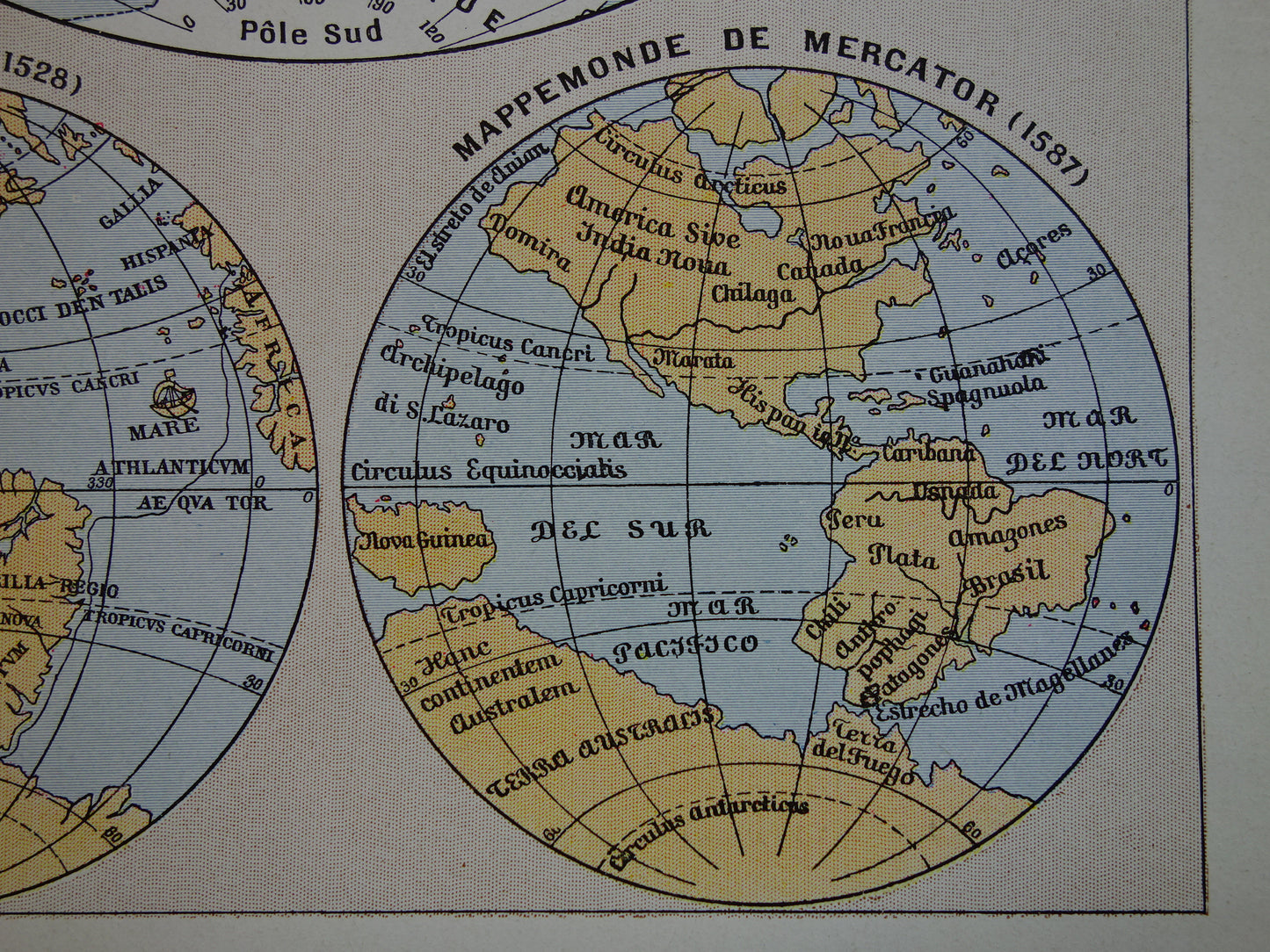 Vintage wereldkaart uit 1932 originele oude kaart van de wereld met historische kaarten Mercator Doré en Behaim