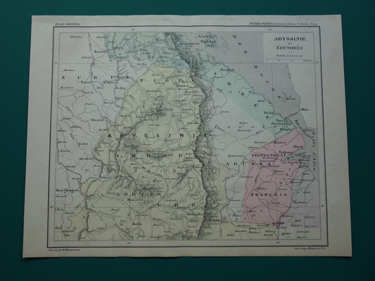Oude kaart van Eritrea Djibouti Ethiopië 1896 originele antieke print Harar Massaouah Franse kolonie Kobbo Zeila vintage kaarten