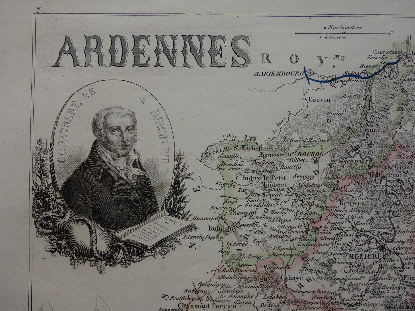 Oude kaart van Ardennes departement in Frankrijk uit 1856 originele antieke handgekleurde landkaart Charleville Mezieres Rethel Sedan Revin Ardennen