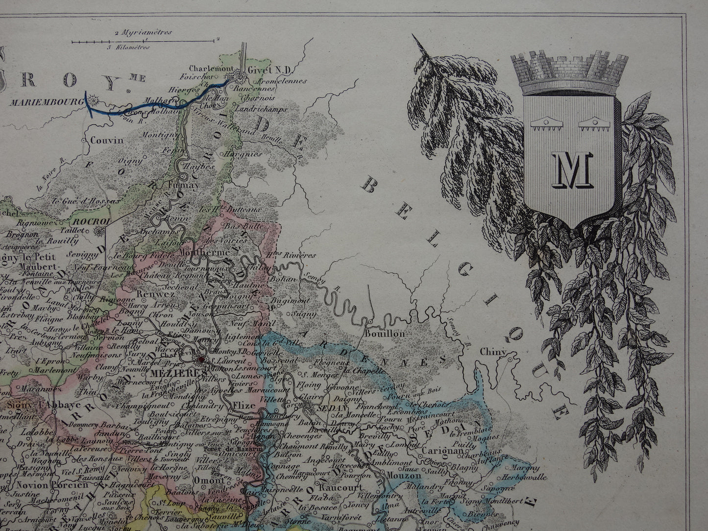 Oude kaart van Ardennes departement in Frankrijk uit 1856 originele antieke handgekleurde landkaart Charleville Mezieres Rethel Sedan Revin Ardennen