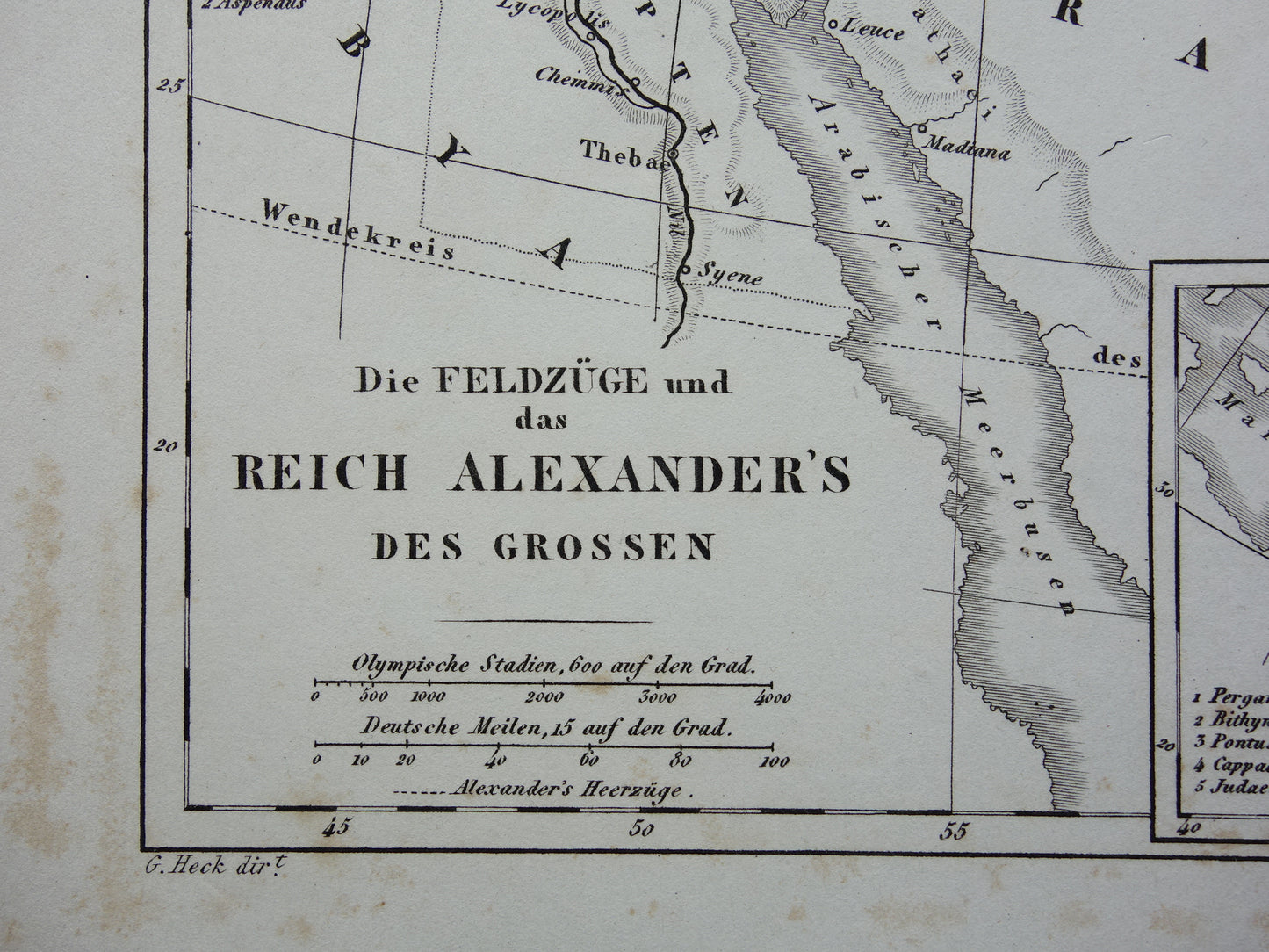 Antieke kaart van het rijk van Alexander de Grote uit 1849 Oude Duitse landkaart Macedonische Alexandrijnse rijk