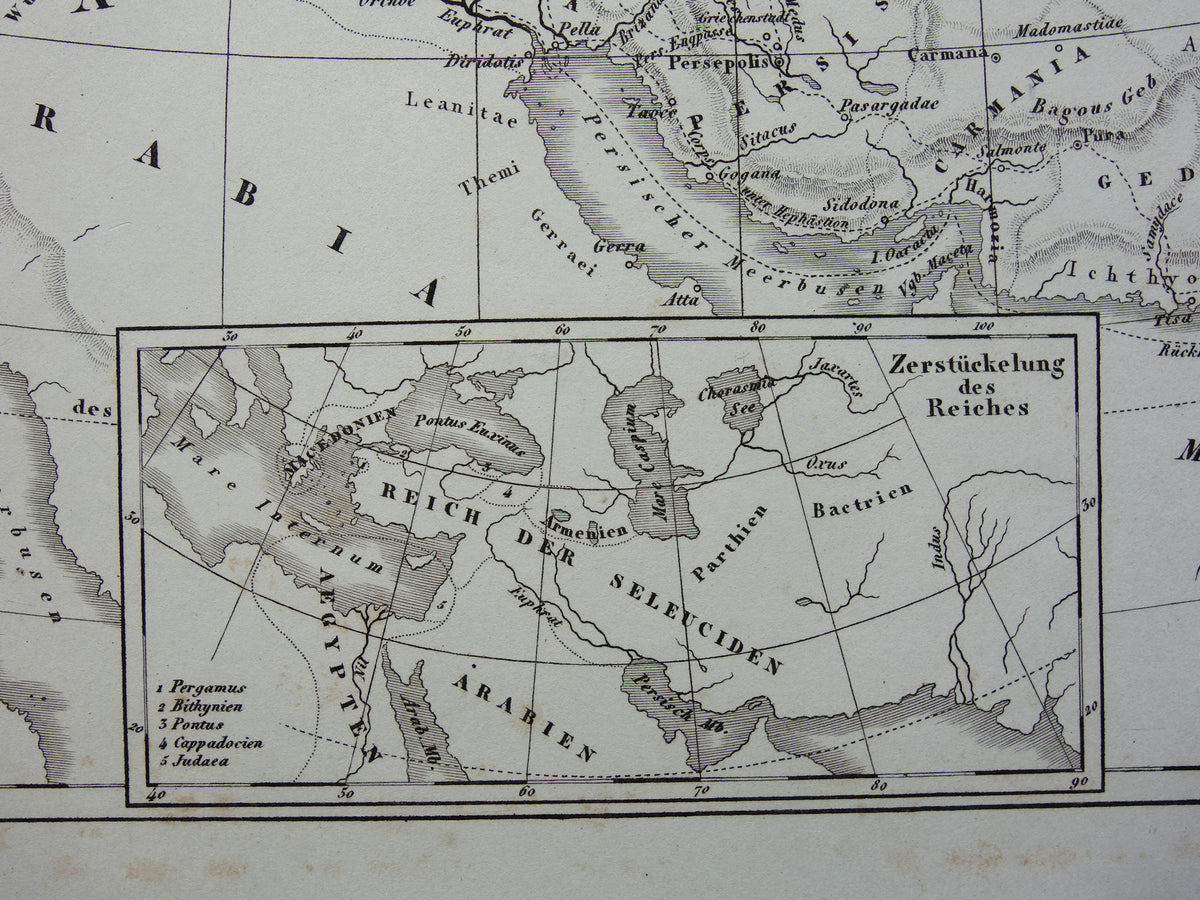 Antieke kaart van het rijk van Alexander de Grote uit 1849 Oude Duitse landkaart Macedonische Alexandrijnse rijk