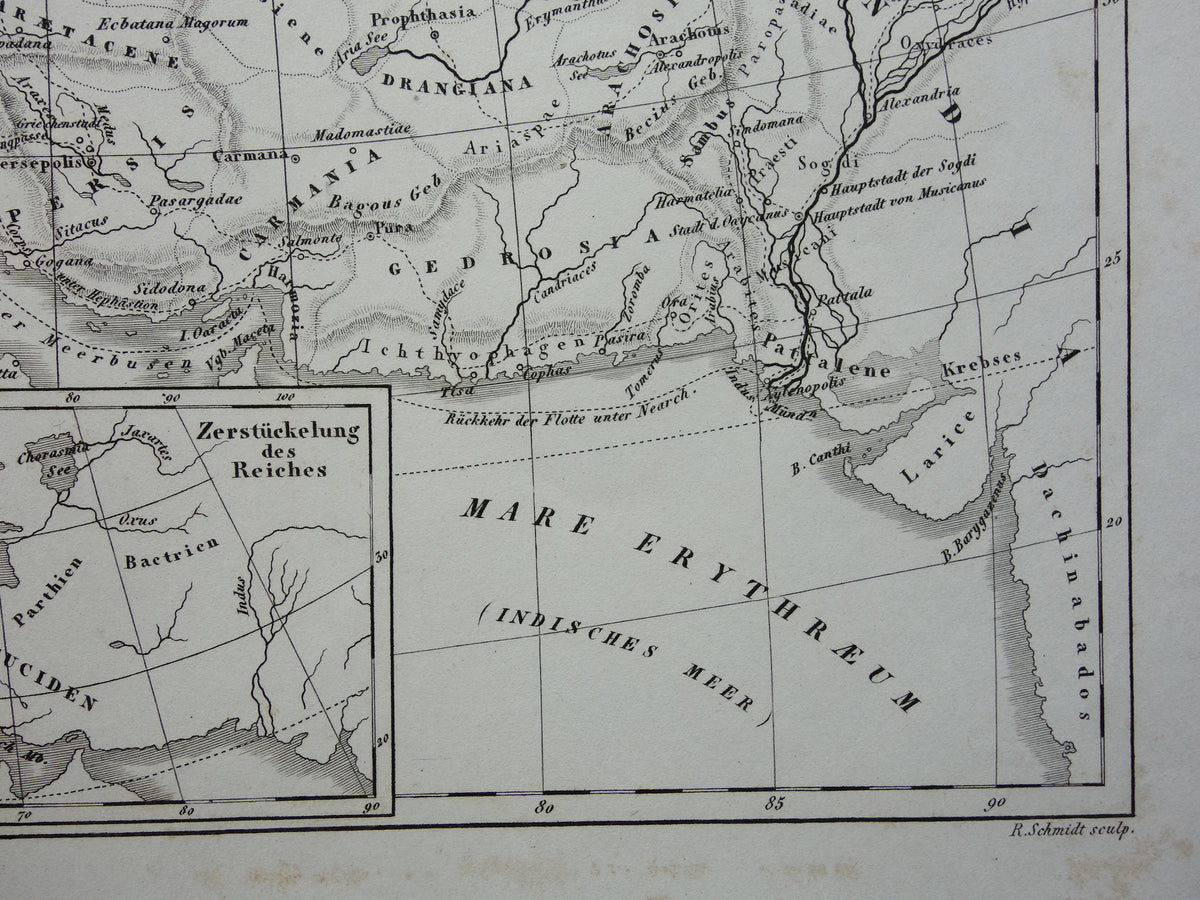 Antieke kaart van het rijk van Alexander de Grote uit 1849 Oude Duitse landkaart Macedonische Alexandrijnse rijk