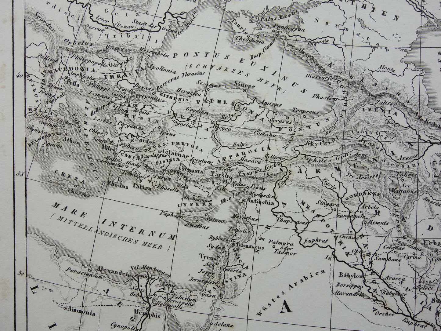 Antieke kaart van het rijk van Alexander de Grote uit 1849 Oude Duitse landkaart Macedonische Alexandrijnse rijk