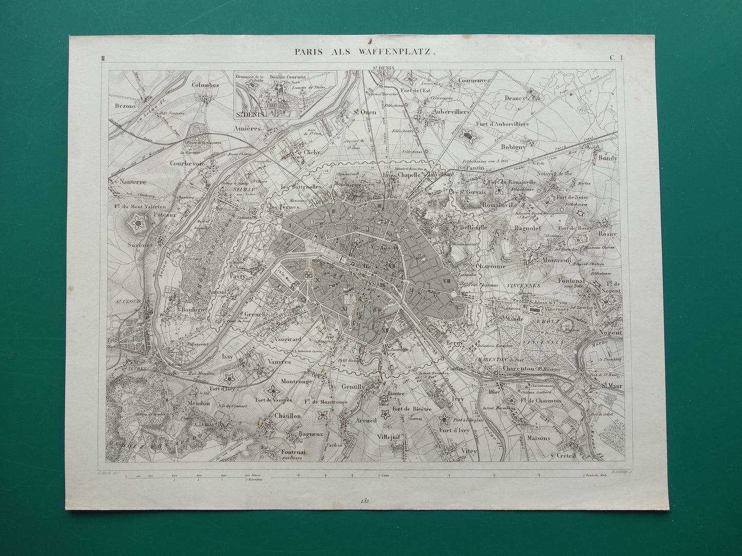 Oude kaart van Parijs 175+ jaar oude antieke landkaart van Parijs met forten uit 1849 originele vintage kaarten