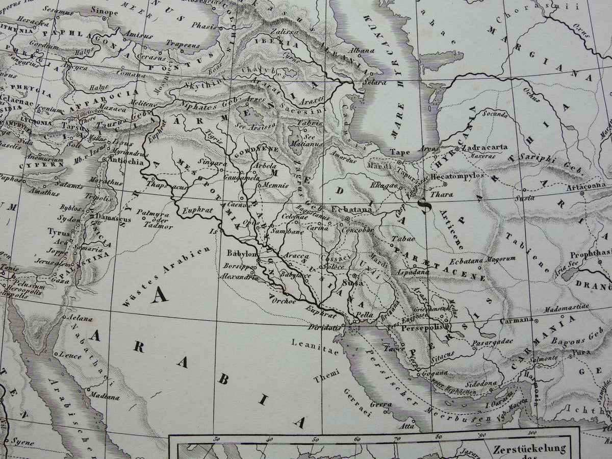 Antieke kaart van het rijk van Alexander de Grote uit 1849 Oude Duitse landkaart Macedonische Alexandrijnse rijk
