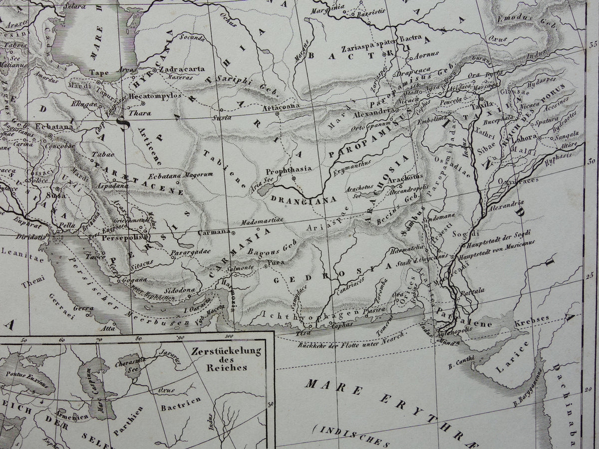 Antieke kaart van het rijk van Alexander de Grote uit 1849 Oude Duitse landkaart Macedonische Alexandrijnse rijk