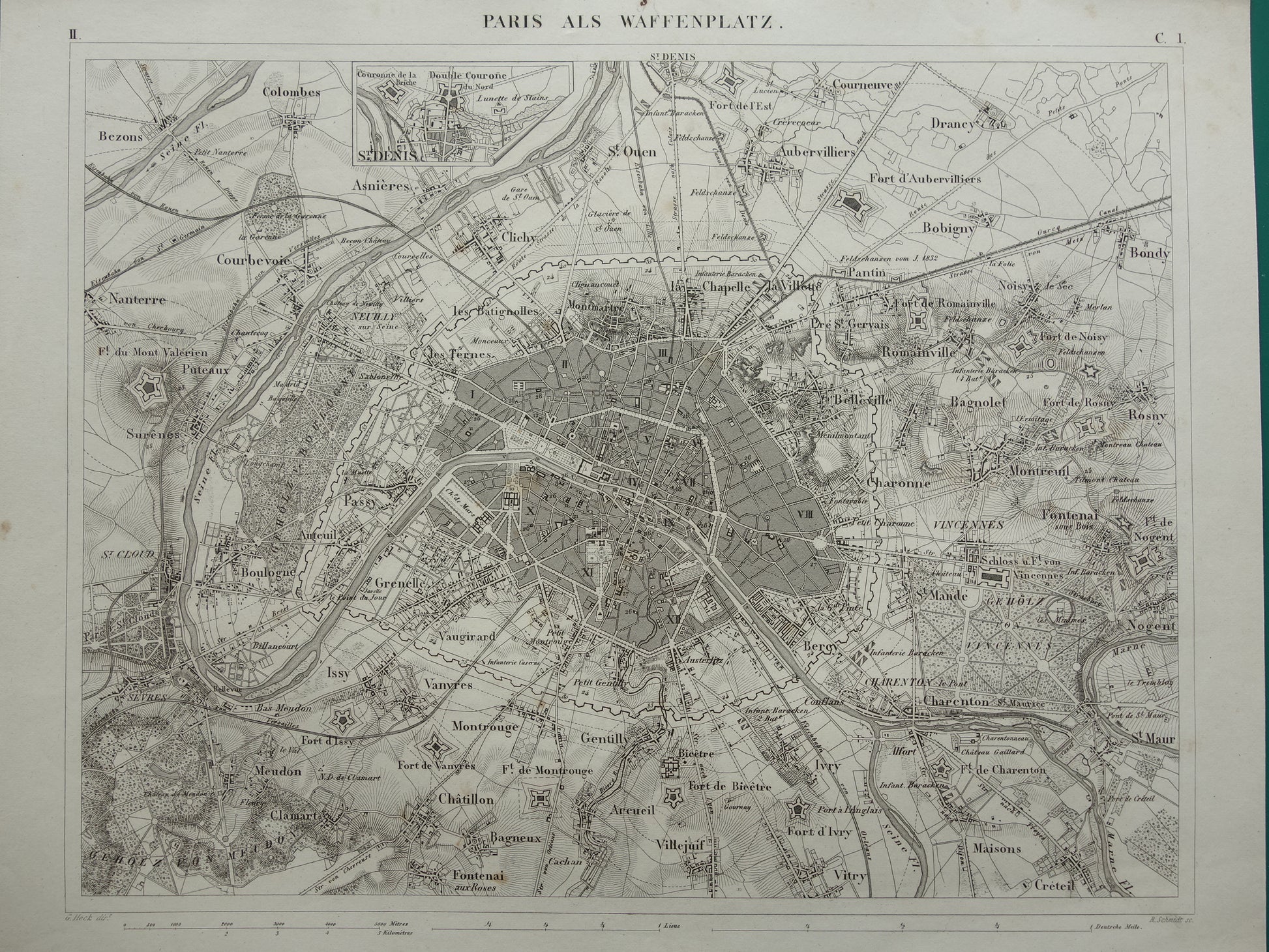 Oude kaart van Parijs 175+ jaar oude antieke landkaart van Parijs met forten uit 1849 originele vintage kaarten